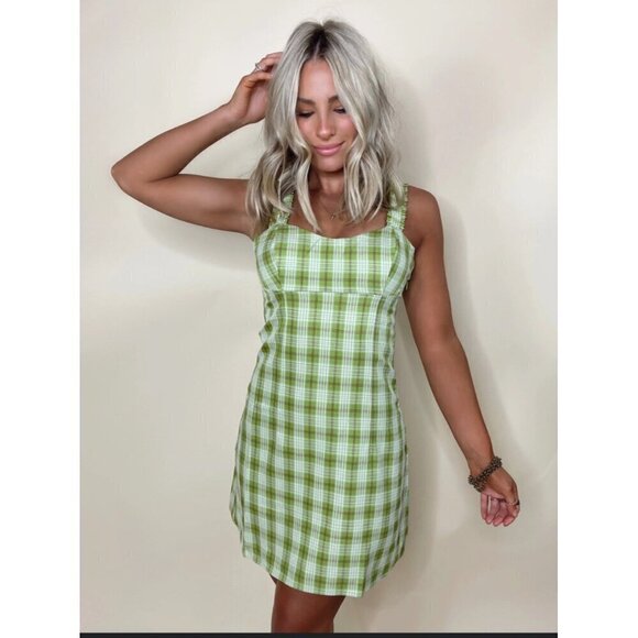 LUSH Mini Dress Plaid Smocked Back Womens Small Green Y2K Academia NWT - Picture 1 of 10